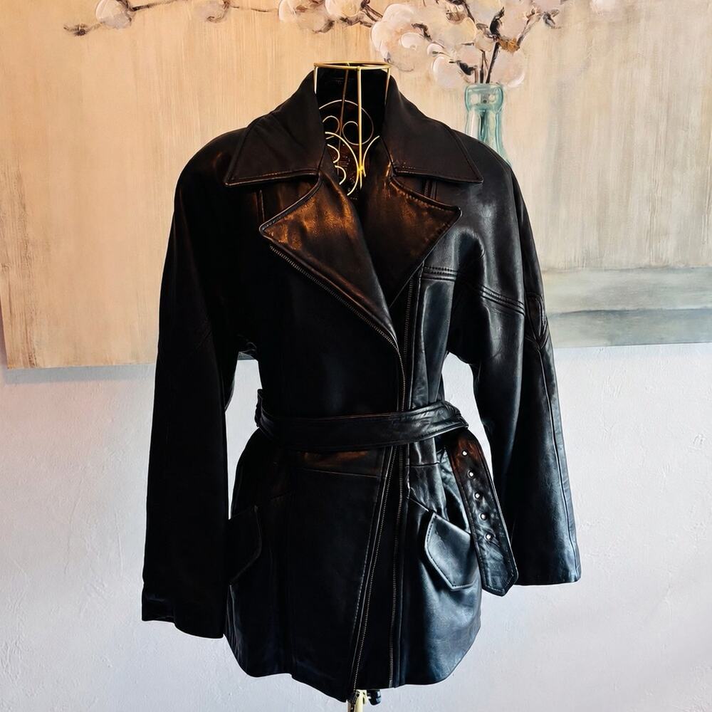 Vintage Express Avenue de L'Opera Leather Belted Moto Jacket Black Thinsulate M